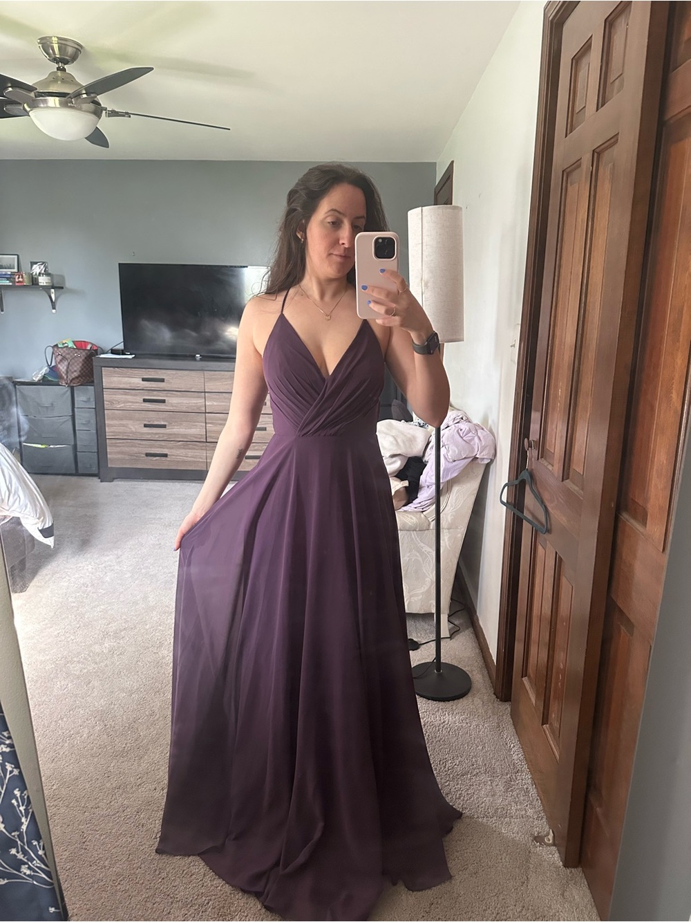 David's Bridal Plum Spaghetti Strap Wedding Dress - Picture 2 of 4